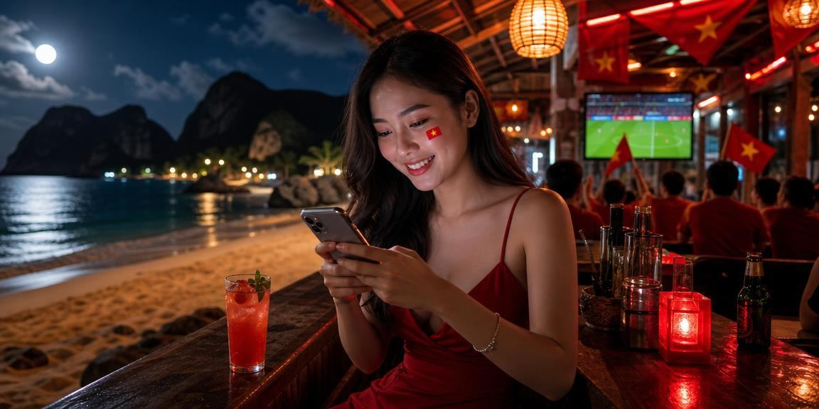 Người dùng truy cập casino di động trên bãi biển Côn Đảo Việt Nam