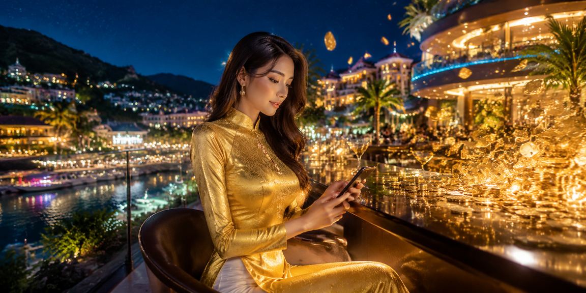 Người dùng truy cập casino di động tại Sapa với trang phục áo dài truyền thống
